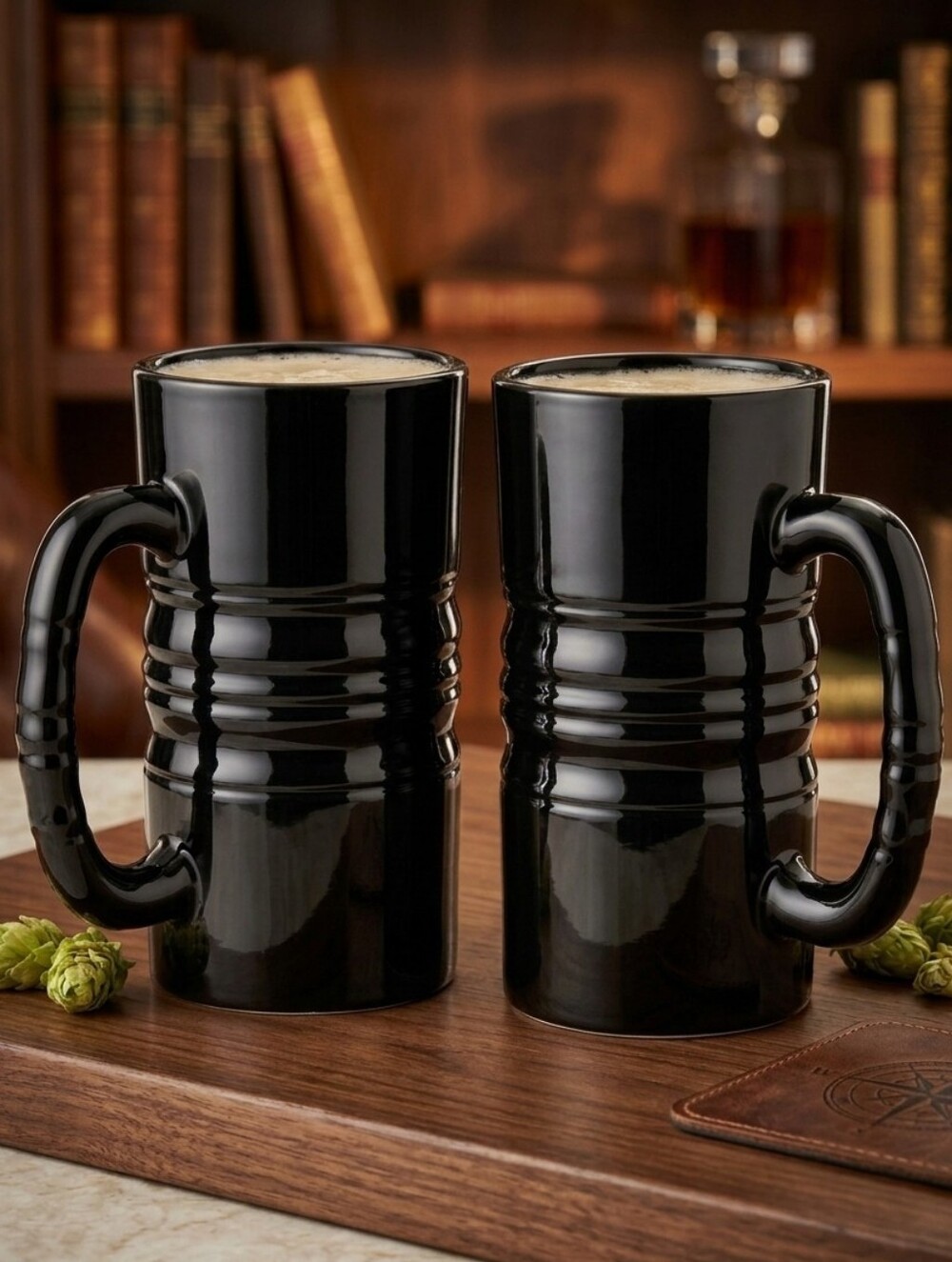 Vintage Black Onyx Glass Mug Set - Tiara Indiana Glass Ribbed Tankards Cups (2)